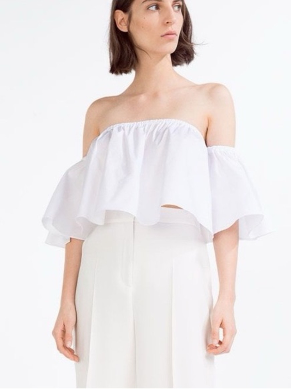 Zara Flutter Sleeve Ruffled Crop Blouse in Tan and Cream